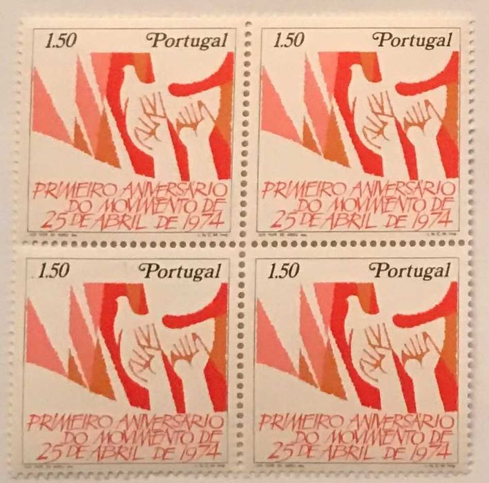 Quadra de selos novos de 1$50 - 1. aniv. Movimento de 25 de Abril-1975