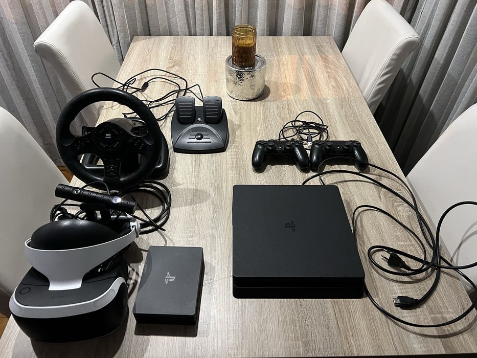 Ps4 slim + 3 jogos + óculos Vr + volante e pedais