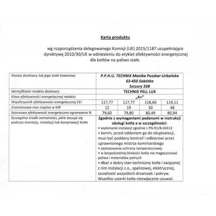 Kocioł pelletowy TECHNIX PELL LUX 48kW – 5 Klasa ECODESIGN Lista ZUM