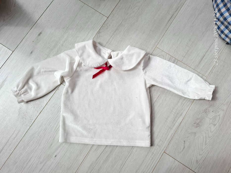 Elegancka biała bluzka welurowa z kołnierzykiem bebe 74 80 na święta sesję 9-12 m