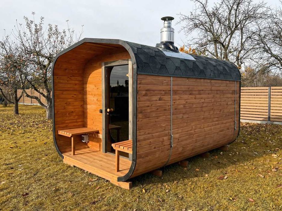 SAUNA Ogrodowa Beczka 350cm Gotowa + Balia do schłodzenia + LED + piec