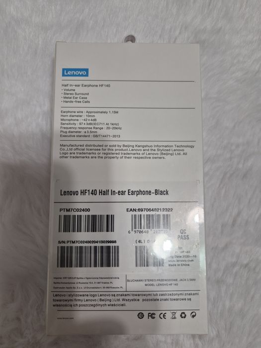 Słuchawki lenovo stereo przewodowe hf 140 jack 3,5mm