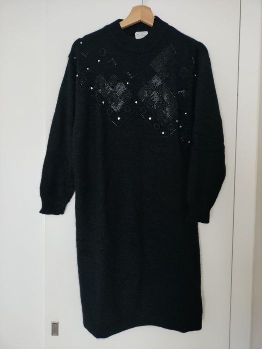 Black dress made of pure wool + angora with hand-placed beads • S/M