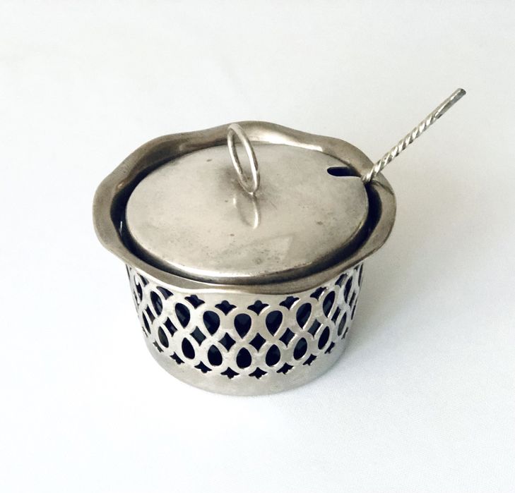 Антикварна посріблена ємність з ложкою кобальтове скло стекло