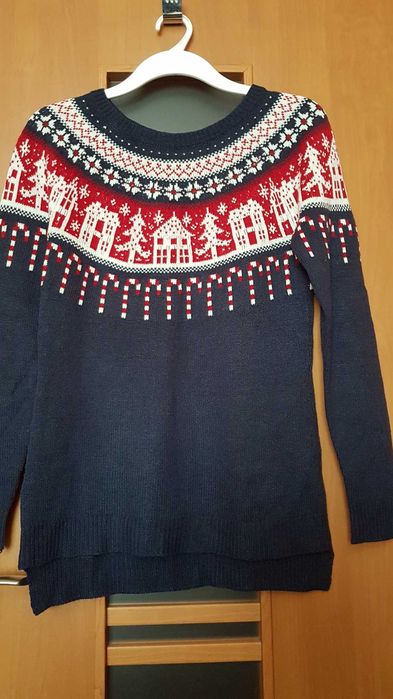 Sweter granatowy świąteczne wzory choinka domek jak nowy next r. M