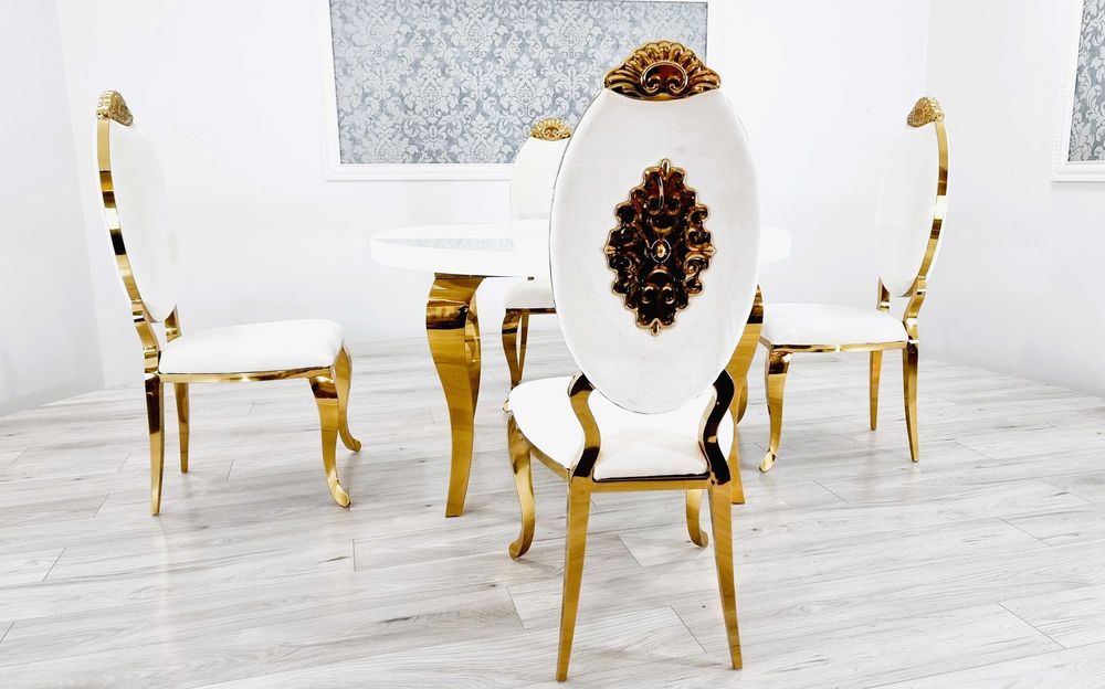 Jadalnia stół okrągły 130/160 rozkładany + 4 krzesła Gold złote