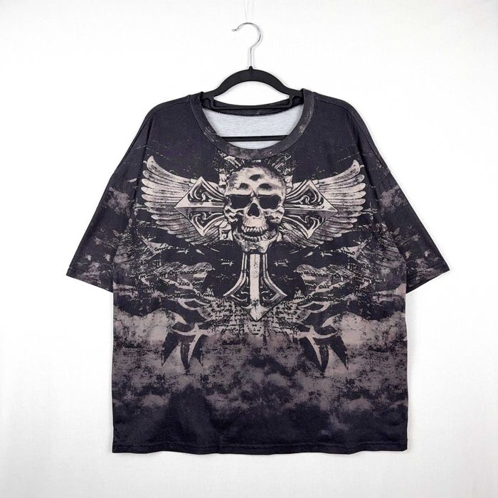 T-Shirt Vintage Gráfica Caveira Grunge Mall Goth Cinzento Carvão L