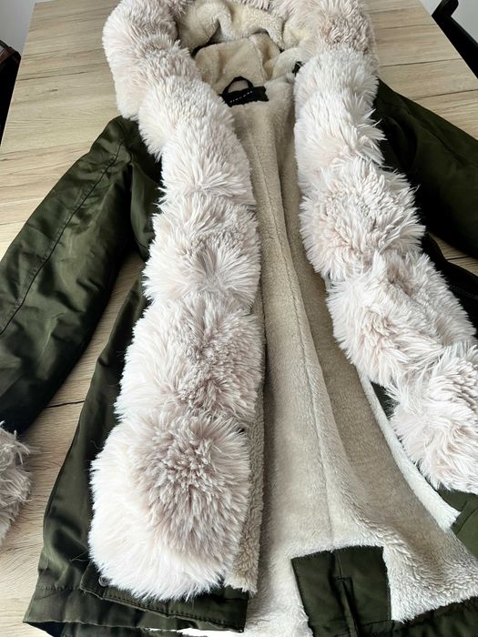 Płaszczyk kurtka zimowa z kapturem damska parka khaki Butik XL L 40 42