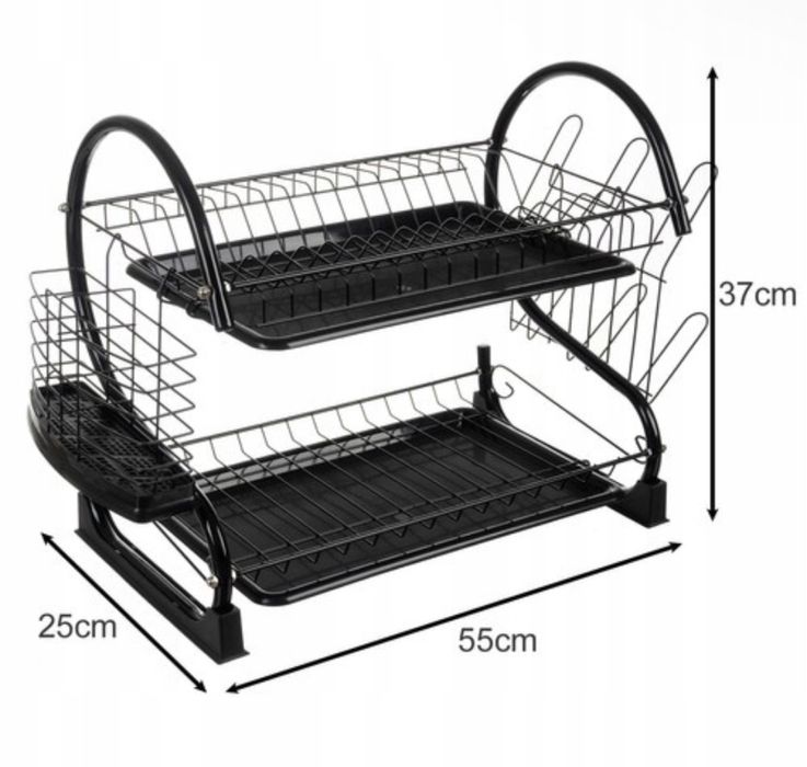 Dwupoziomowa czarna suszarka do naczyń z ociekaczem i uchwytem