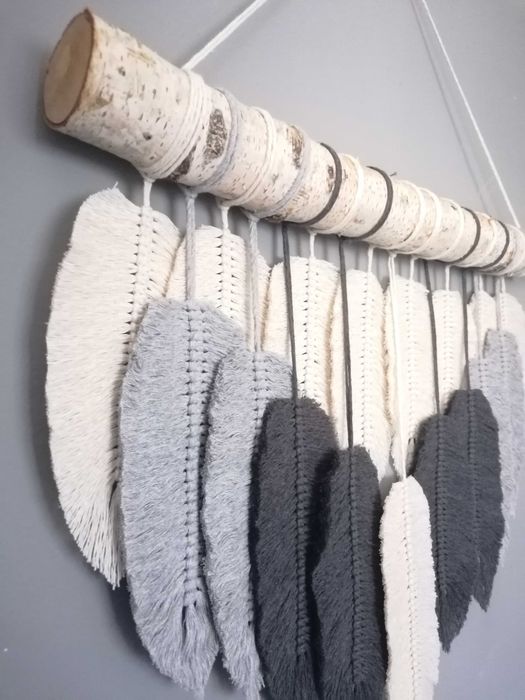 Makrama ścienna listki duże szare piórka BOHO DEKORACJA wnętrz
