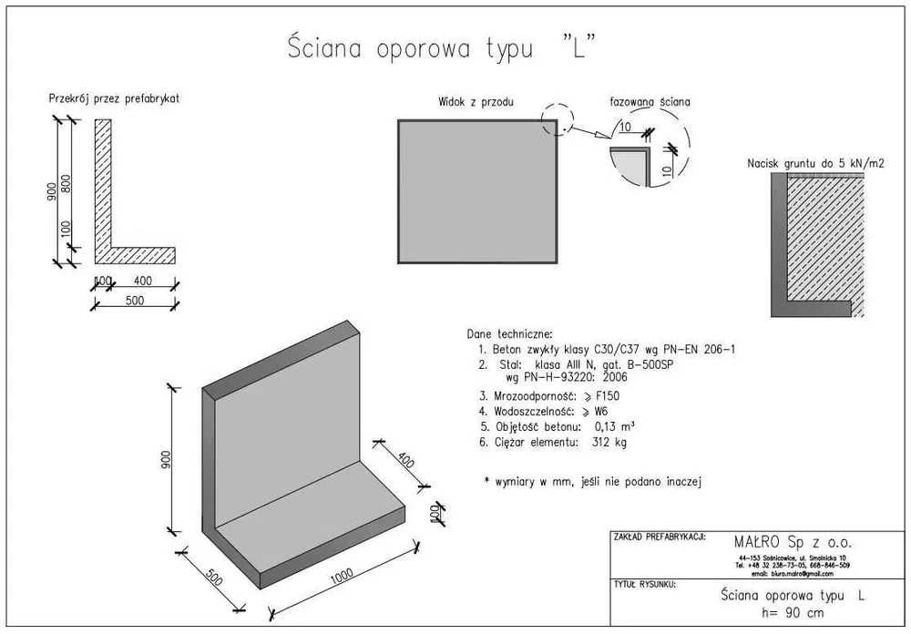 Mur oporowy typu L, mury oporowe elki 90x100x50x10 prefabrykat muru