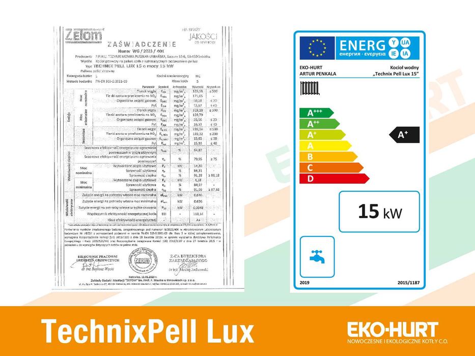 Kocioł TechnixPell Lux na pellet o mocy 15 kW - piec 5 klasy ECODESIGN