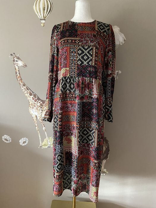 Kolorowa sukienka midi Zara boho etno patchwork, długi rękaw, S