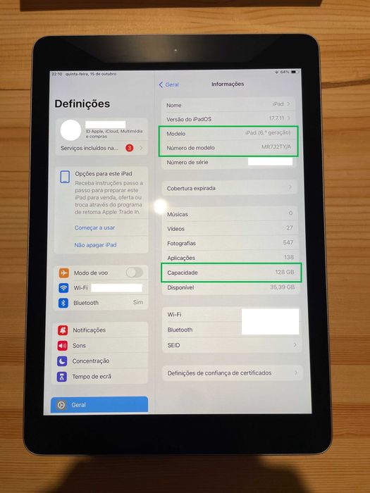 Apple iPad 6.ª Geração (A1893) 128GB Wi‑Fi – Cinzento Sideral – Excelente Estado