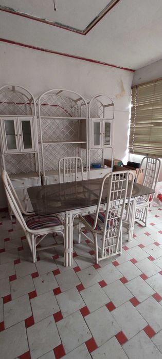 Conjunto móvel e mesa bambu lacado branco