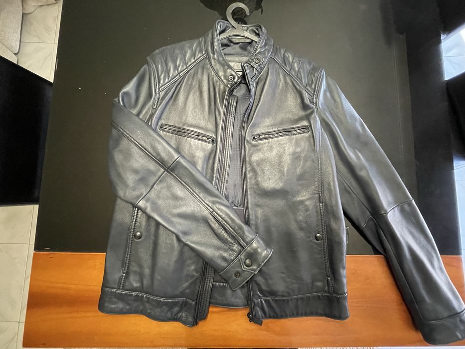 Casaco pele azul escuro Massimo Dutti