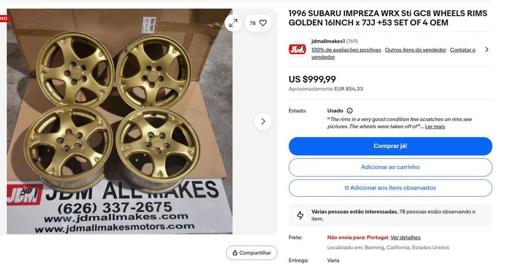 Jantes Subaru IMPREZA WRX STi GC8 GOLDEN 16 INCH com pneus