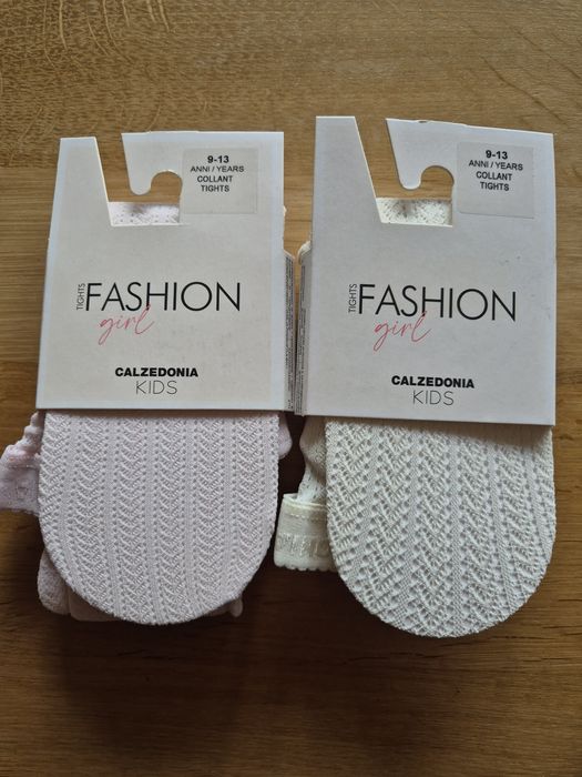 2 szt rajstopy Calzedonia kids 9/13 kremowe i pudrowe różowe ażurkowe