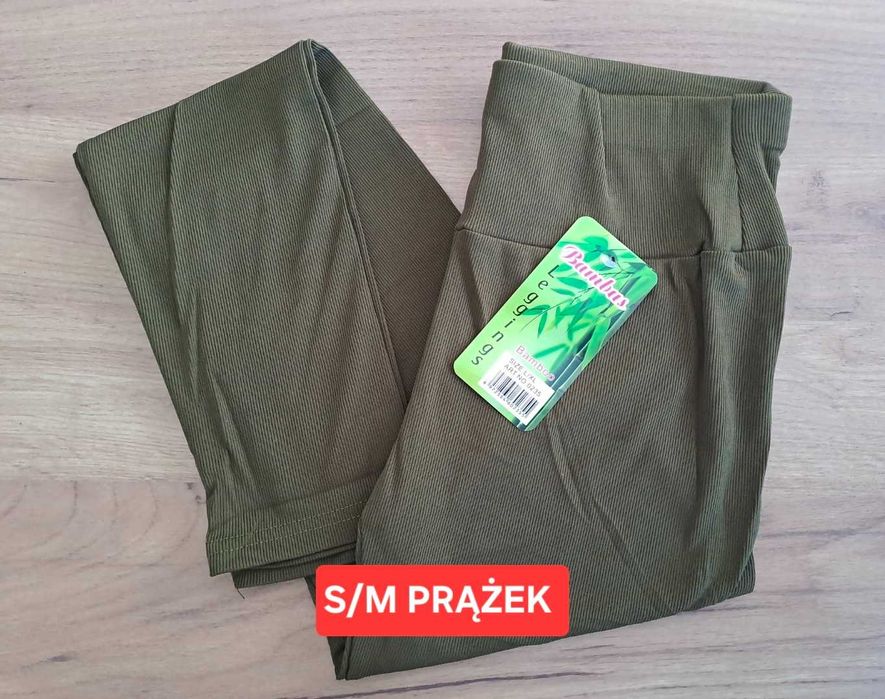 Nowe Leginsy S/M 36 38 khaki prążkowane bambusowe prążek wysoki stan