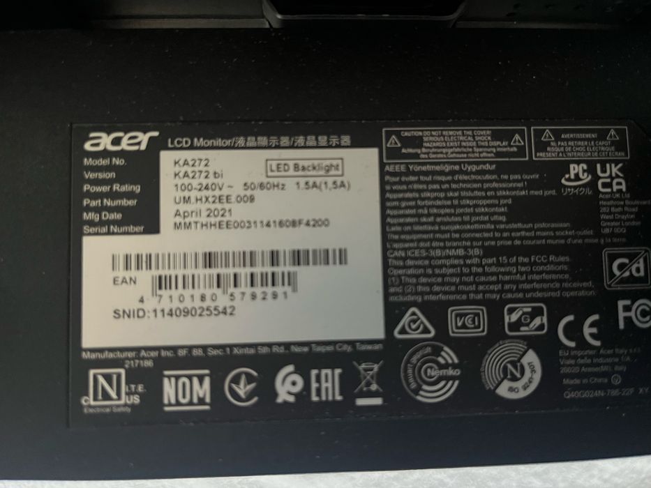 Monitor acer KA272 75hz 27cali