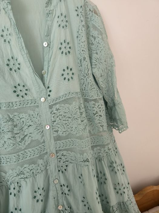 Sukienka miętowa koszulowa turkusowa boho hippie etno koronka XL