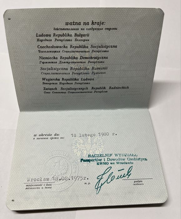 Stary dokument PRL wkładka paszportowa 1980 r
