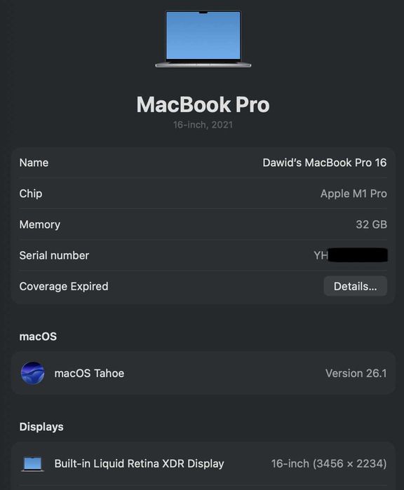 Apple MacBook Pro 16" M1 Pro 32GB RAM/512GB SSD/Space Gray