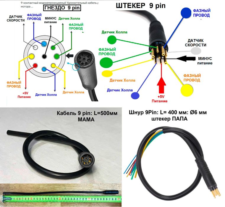 Кабель 9 pin, провід для мотор колесо, 2 - 9pin кабель водонепроникний