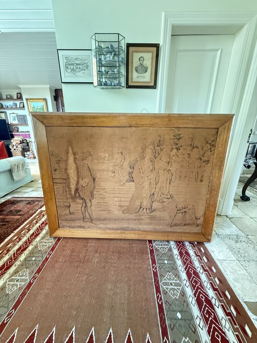 estampa/tela decorativa antiga inspirada na cena “Petrarca e Laura”, visível pela inscrição “PETRARQUE et LAURE” no canto inferior XIX e XX