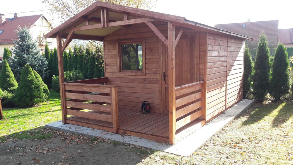 Domek drewniany, ogrodowy, z tarasem,  na działkę ROD, 3x4m z montażem