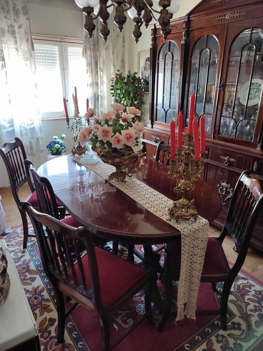 Mesa Aparador Cristaleira de Sala Jantar Estilo Império 8 Cadeiras