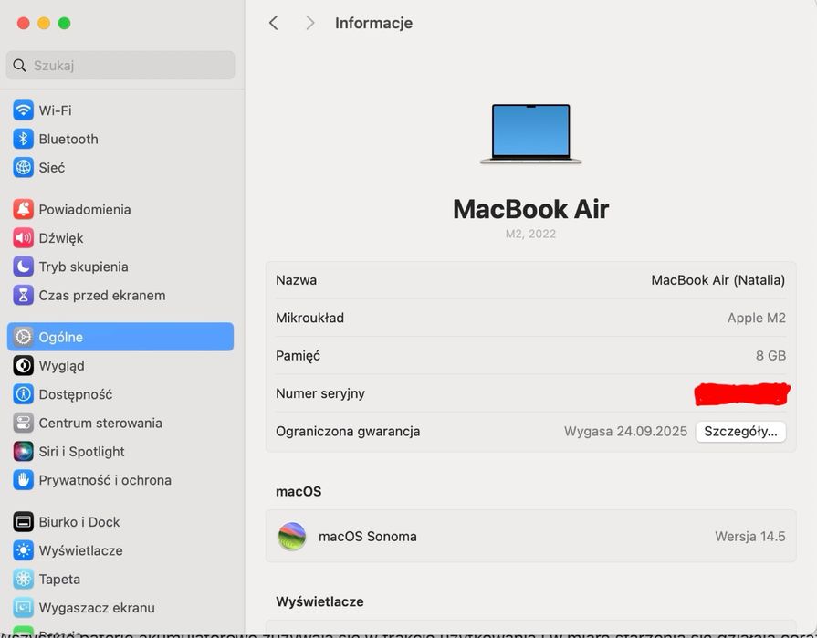 Apple MacBook Air M2– 8GB RAM / 256GB SSD / kolor złoty