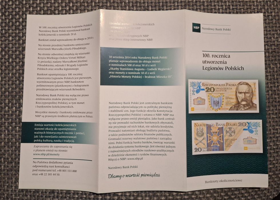 Folder emisyjny: 100. rocznica utworzenia Legionów Polskich - banknot