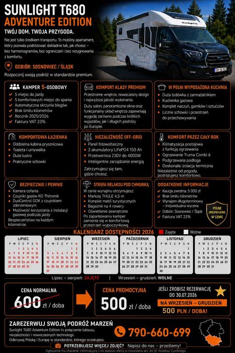 Wynajem Kampera Premium Sunlight T680 Adventure Edition – 5 Osób Sosnowiec Śląskie