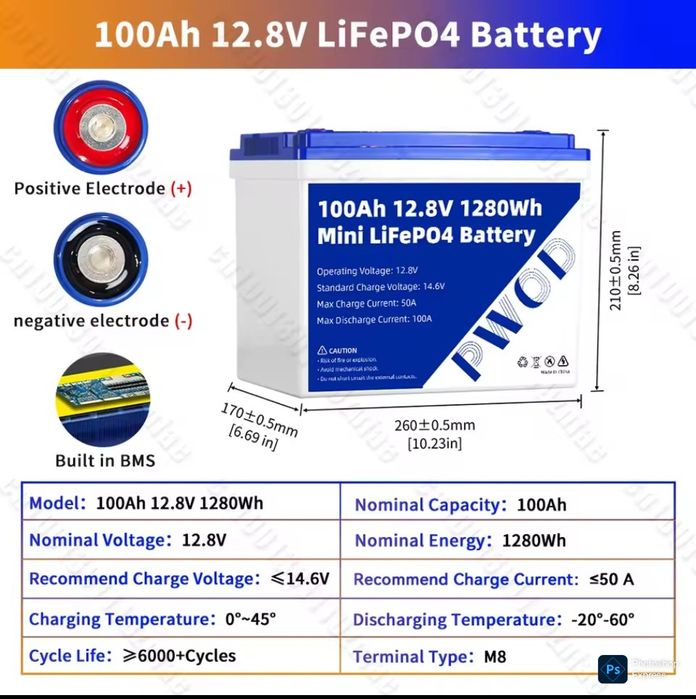Акумулятор  LiFePO4 12V/100AH,100A(1280W*h), Smart BMS,Bluetooth