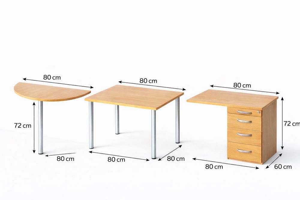 Biurko  80x80 +  dostawka półokrągła + biurko kontenerek