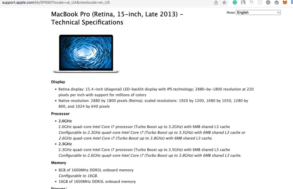 Macbook Pro Retina 15' Late 2013 A1398