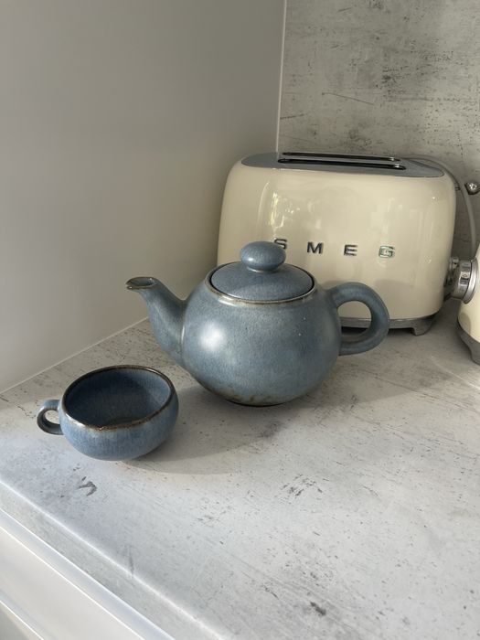 Gliniany komplet czajnik dzbanek dilizanka herbata niebieski vintage