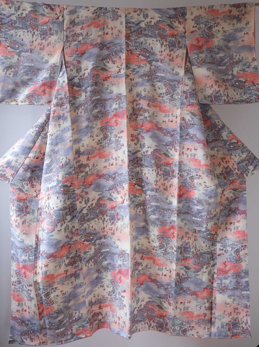 Japońskie kimono komon w pejzaż z epoki Edo pastelowe kolory awase