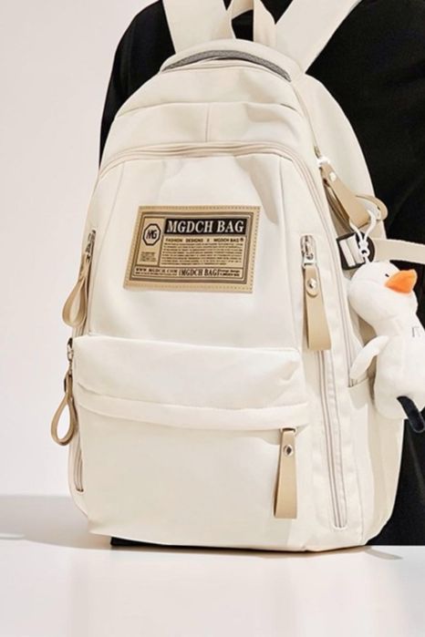 Kremowy plecak szkolny z brelokiem gratis młodzieżowy backpack korean aesthetic