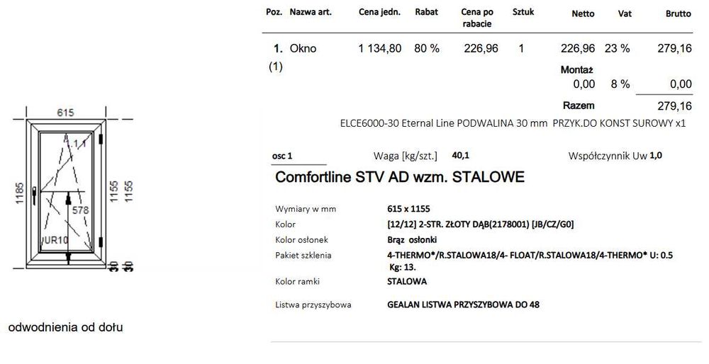 okno 615x1185 obustronnie złoty dąb #ok503