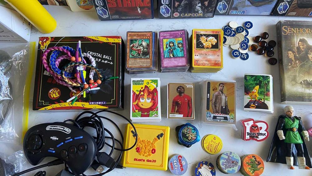 Jogos e acessórios Nintendo, Sega, Tazos, Pokémon, Dragon Ball, Yu-Gi-Oh
