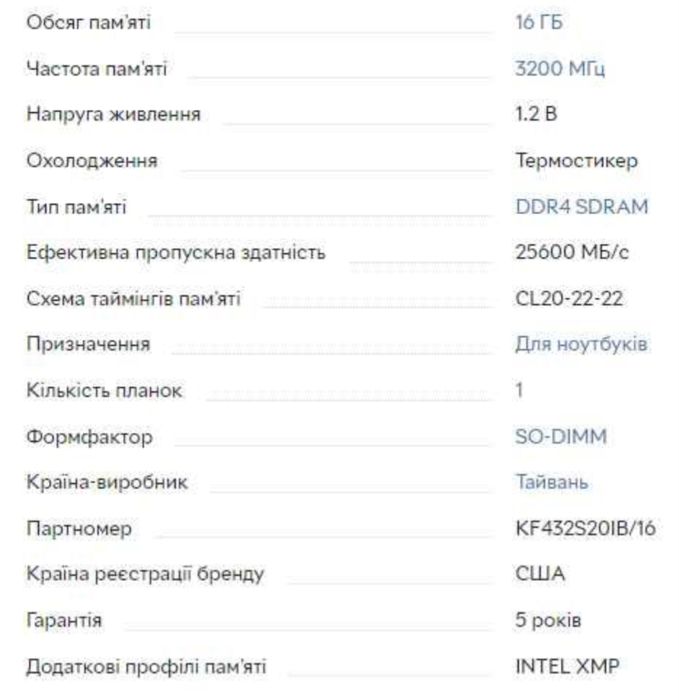 Оперативна пам'ять Kingston Fury SODIMM DDR4-3200 16384 MB PC4-25600