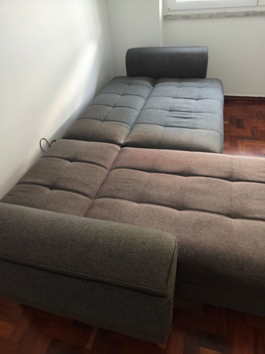 Sofá (cama) cinzento com chaise longue e arrumação – 100 euros (usado)