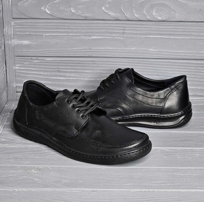 39-47р! Кожаные мужские черные прошитые туфли без шнурка / на шнурке!!