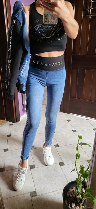 Włoski komplet Esperanto jeans katana bluza spodnie wysoki stan  S