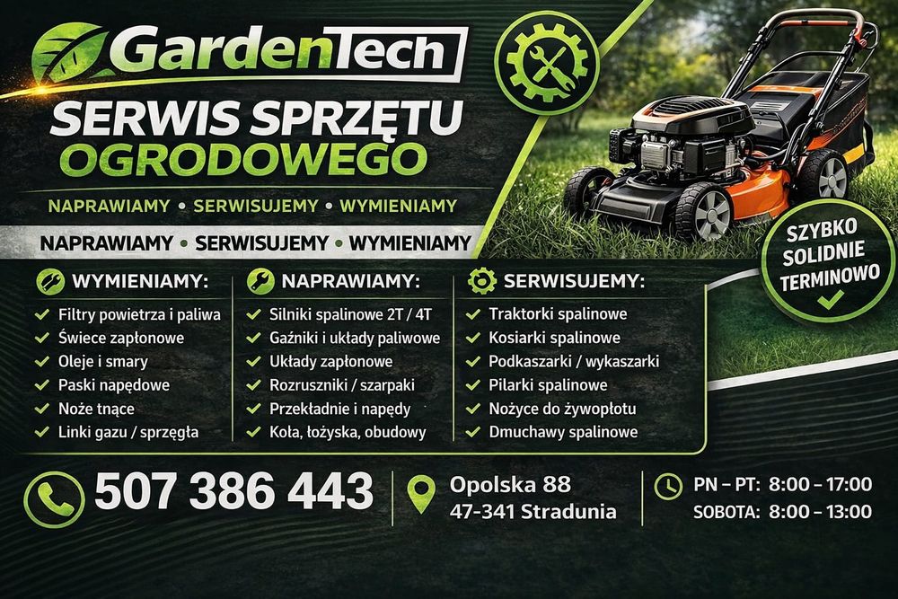 Naprawa sprzętu ogrodniczego,  koszenie użytków zielonych