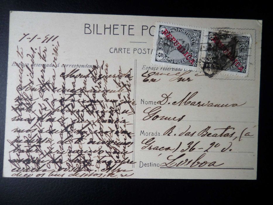 Postal antigo , Caldas da Rainha ano 1911  ,  2 selos Monarquia