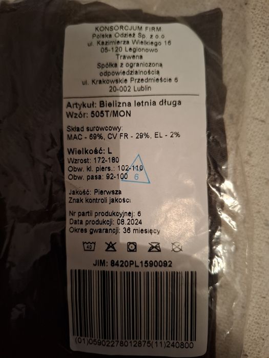Bielizna letnia długa WP 505T/MON roz. L.
