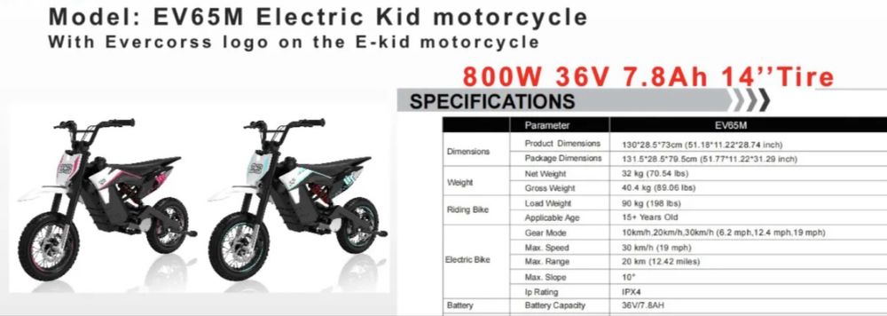 Mota electrica criança modelo evercross ev65m motor 800w